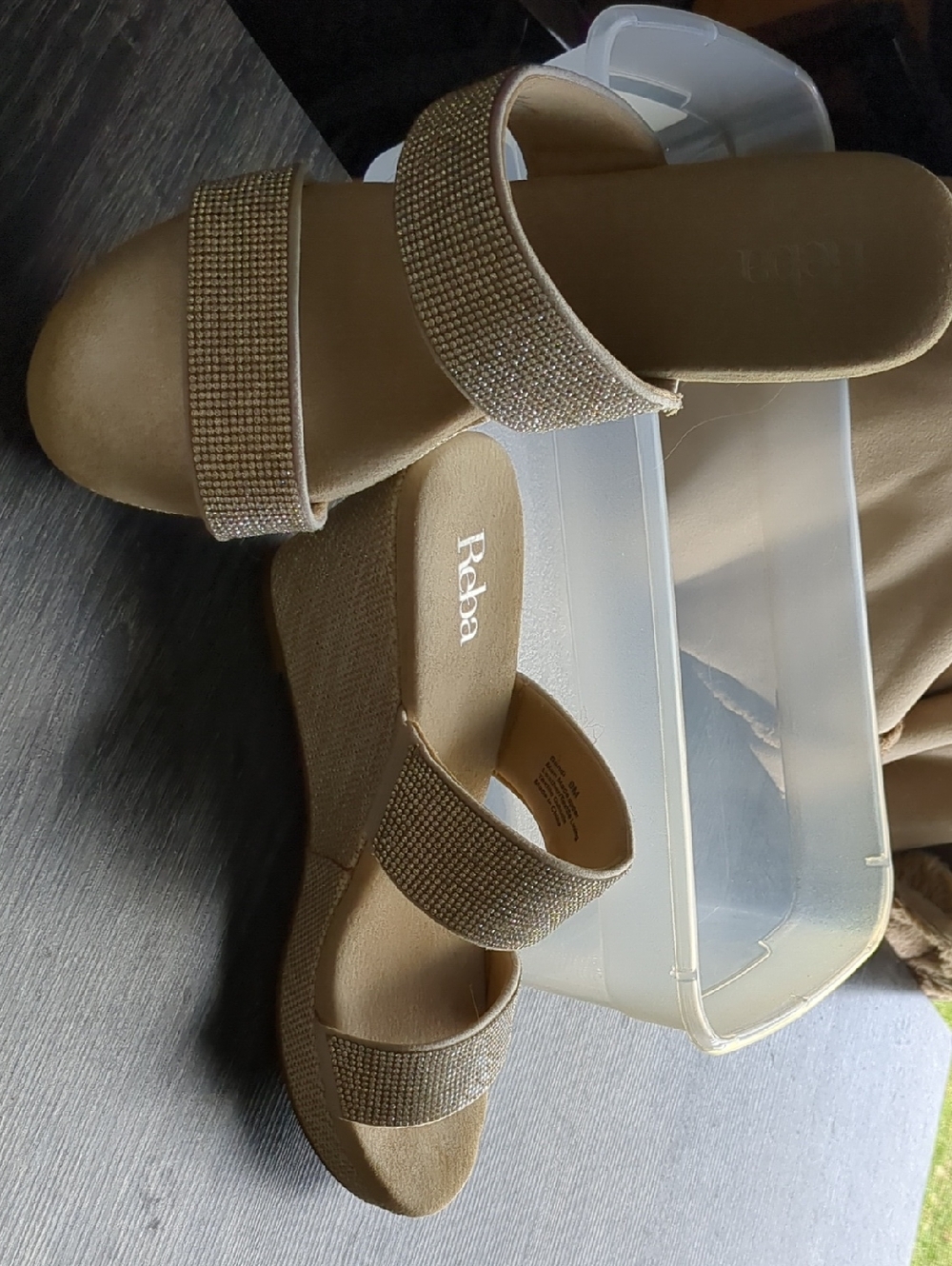 Reba Women's Gold Rhinestone Double-Strap Wedge Sandals